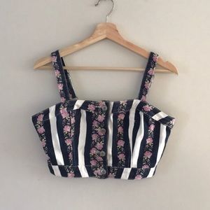 Flower pattern & striped button-up denim crop top